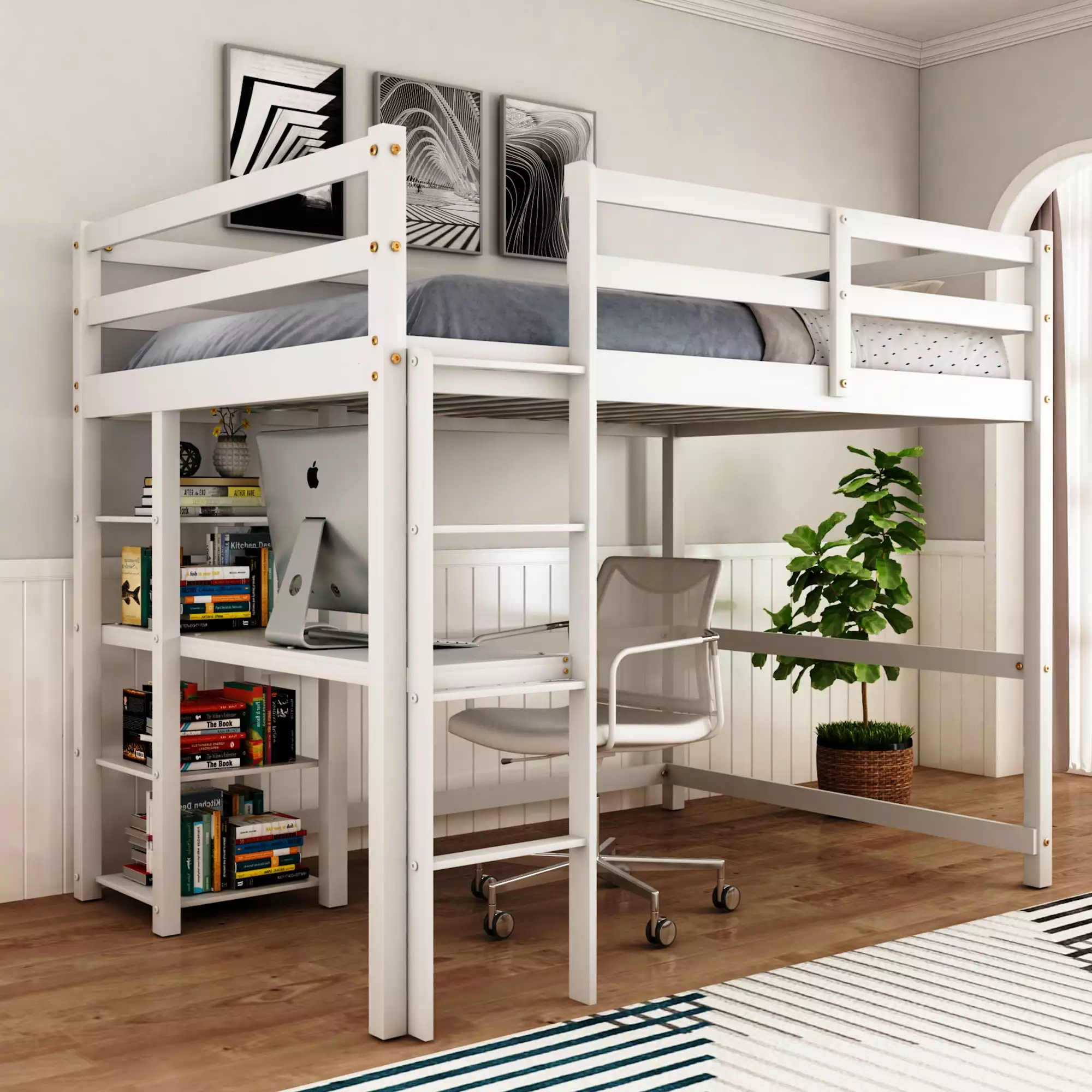 Wood Loft Bed with Desk : Full Size Loft Bed with 4-Storage Shelves and Under-Bed Desk Solid Wood Bed. White