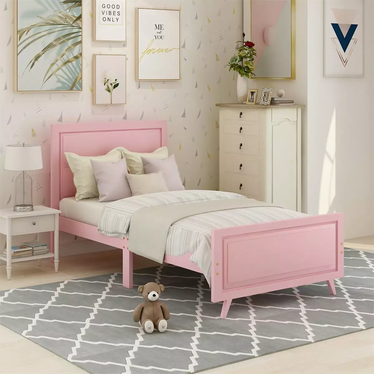 Wood Platform Bed for Kids Teens Girls Boys. Twin Size Bed Frame with Headboard. Footboard and Wood Slat Support. No Box Spring Needed. 78.7Lx42.3Wx41.5H. Pink