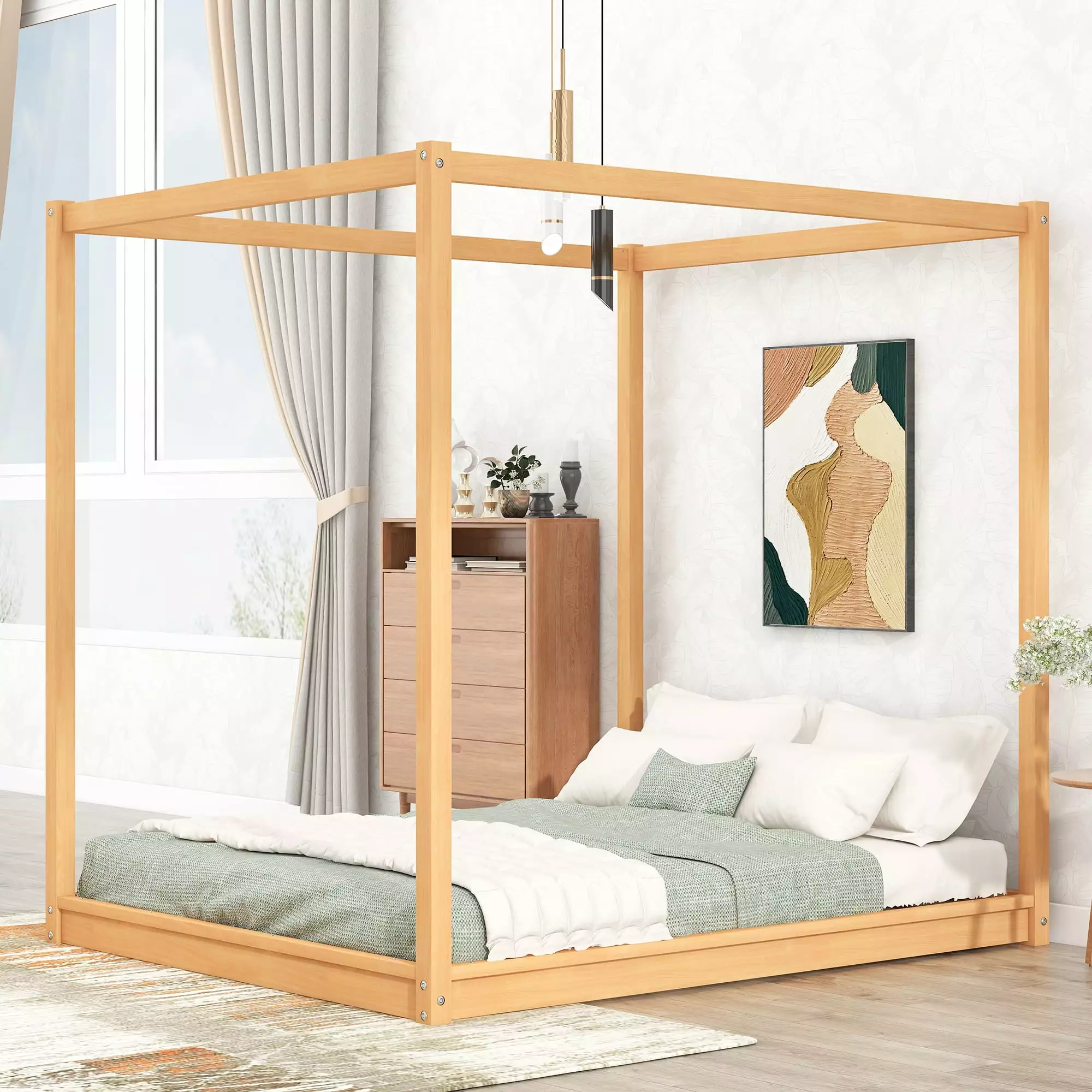 Wood Queen Size Canopy Platform Bed with Support Frame for Bedroom. Natural