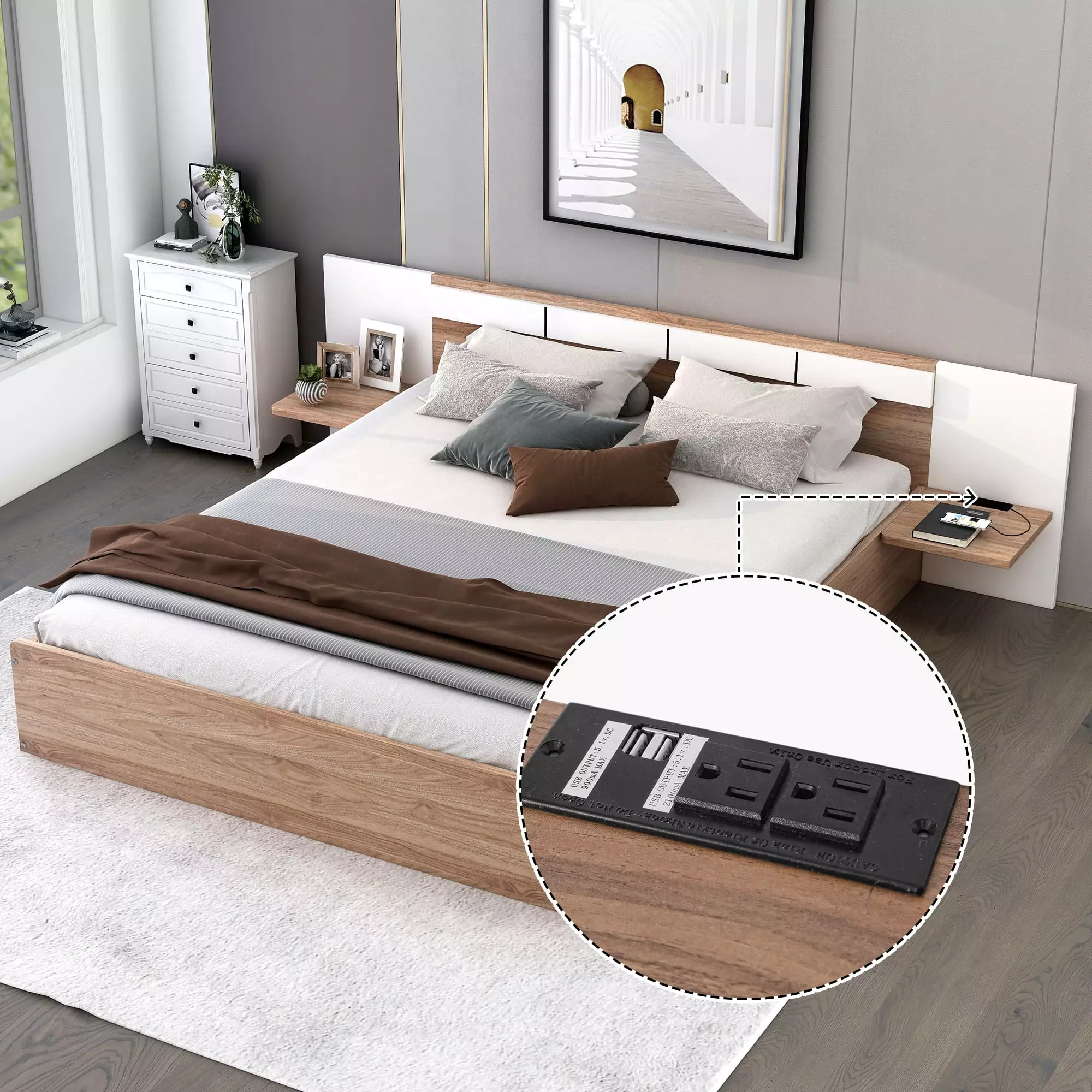 Wood Queen Size Platform Bed with Oversized Headboard. Built-in Nightstand. USB Ports and Sockets. Queen Bed Frame with Storage Drawers for Bedroom. Hotel (Natural)