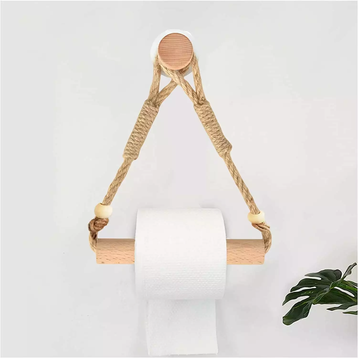 Wood & Rope Wall Toilet Paper Holder. Rustic Tissue Rolls Paper Holder Wall Mounted. Nautical Rattan Bathroom Accessories with Self-Adhesive Seamless Screw (with Bead)