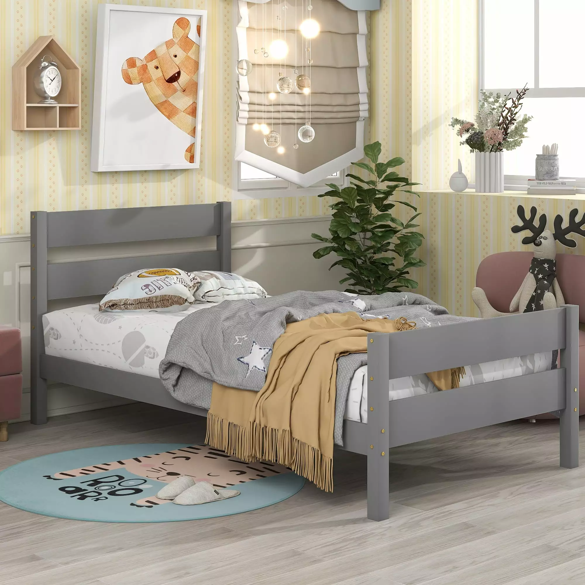 Wood Twin Platform Bed. BTMWAY Twin Bed Frame No Box Spring Needed. Modern Twin Size Bed Frames with Headboard. Wood Slats Support. Bedroom Furniture Single Bed Frame for Bedroom Apartment. Gray