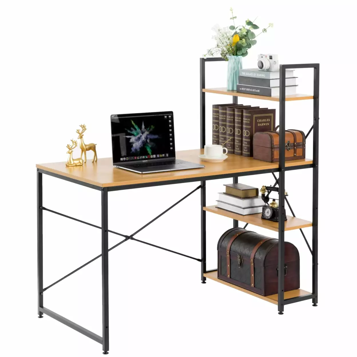 Wood and Metal Industrial Home Office Computer Desk with Bookshelves