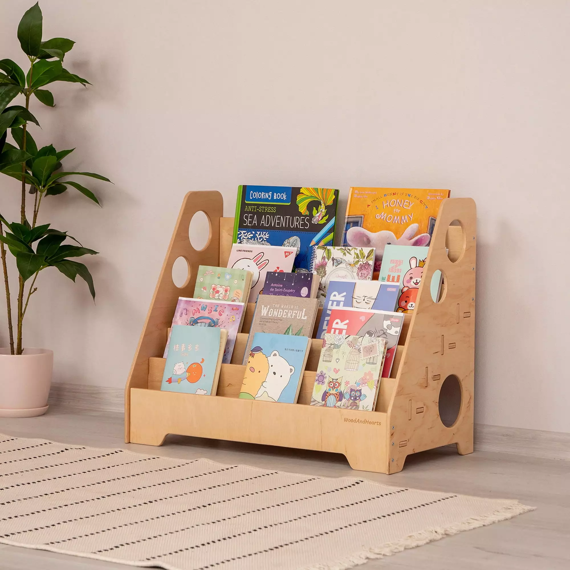 Woodandhearts Floor Kids Bookshelf. Montessori Toddler Wood Bookcase. for Kids 1-6 Years