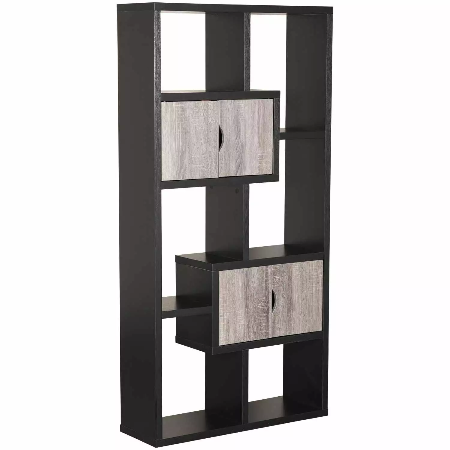 Wooden Bookcase with 4 Doors and 6 Shelves. Black and Distressed Gray