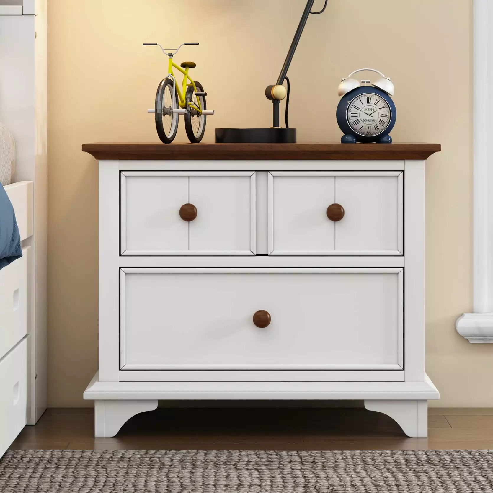 Wooden Captain Nightstand with 2 Drawer.Night Stand with Wood Legs.End Table Side Table for Bedroom.Living Room.Kids' Room. Dorm.White+Walnut