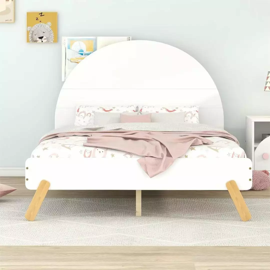 Wooden Cute Platform Bed with Curved Headboard. Full Size Bed Frame with Shelf Behind Headboard. Full Bed with Sturdy Wood Slats and Center Legs Support. for Boys Girls. No Box Spring Needed. White