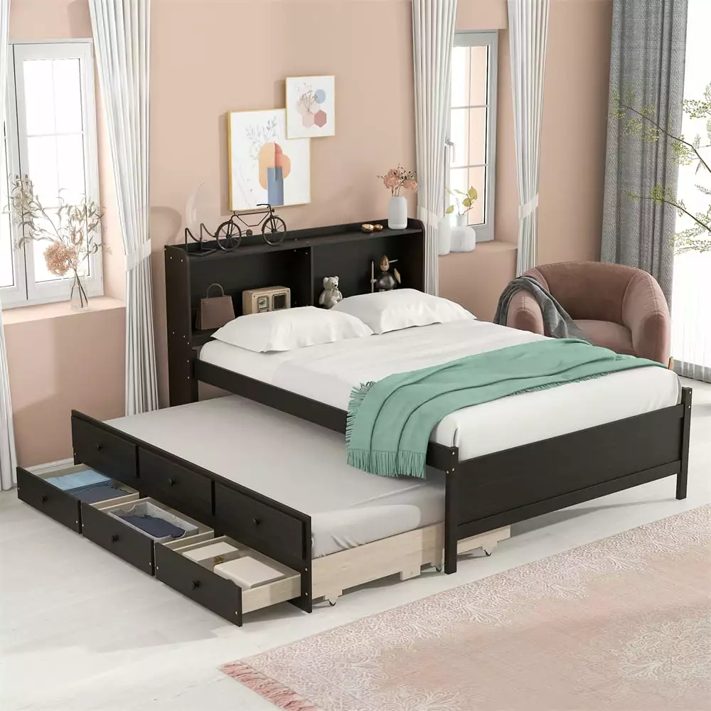 Wooden Full Size Platform Bed with Storage Drawers and Twin Trundle for Kids.Toddlers and Teens.Storage Bed Frame with Bookcase Headboard for Bedroom. Apartment and Loft.No Box Spring Needed.Espresso