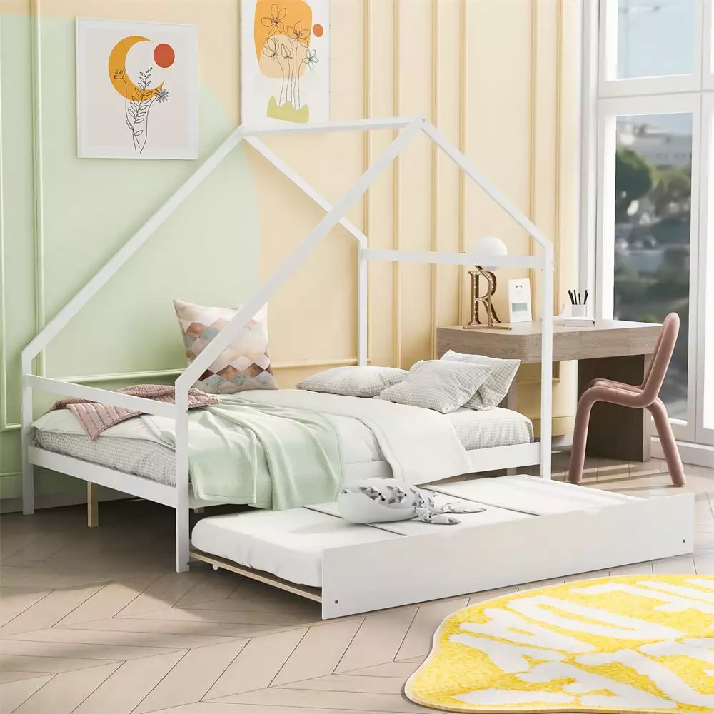 Wooden House Bed with Twin Size Trundle. Full Size Floor Platform Bed Frame with Roof and Headboard House Tent Bed Frame for Boys Girls Easy be Decorated. No Box Spring Needed. White