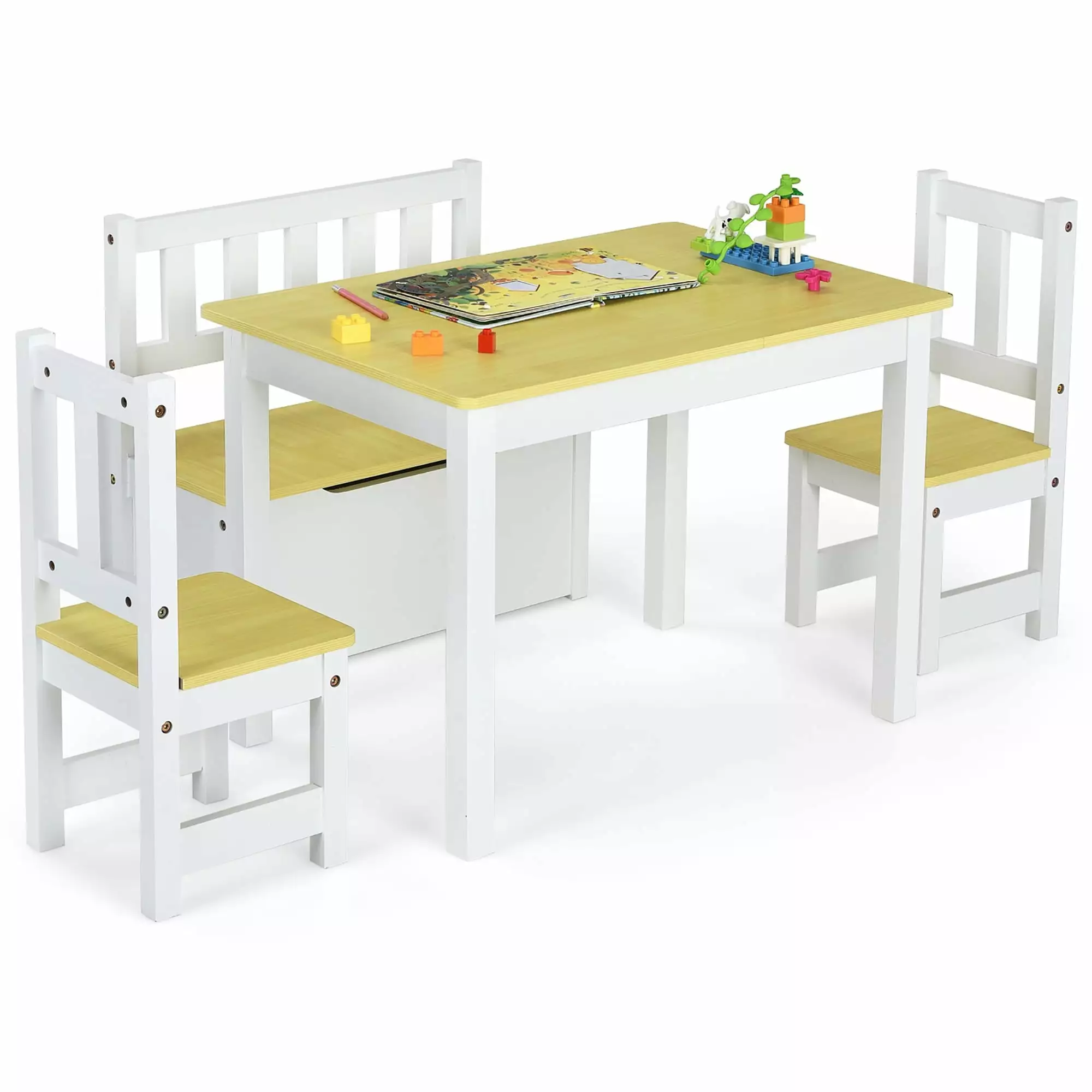 Wooden Kids Table and Chair Set Activity Table with Toy Storage Bench Natural