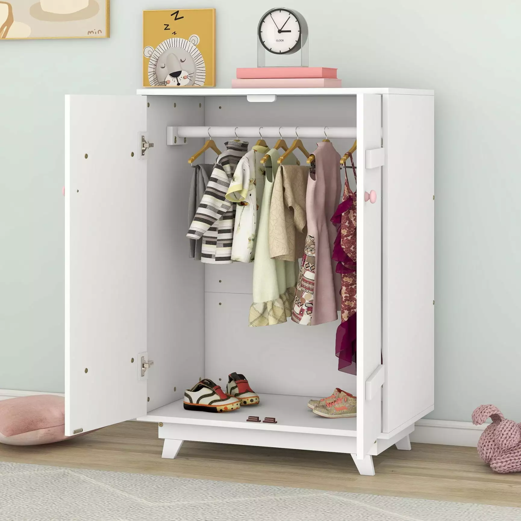 Wooden Kids Wardrobe Cabinet. Modern Cute Storage Armoires with Hanging Rod and Doors. Dress Up Armoire Organizer for Bedroom. Playroom. White