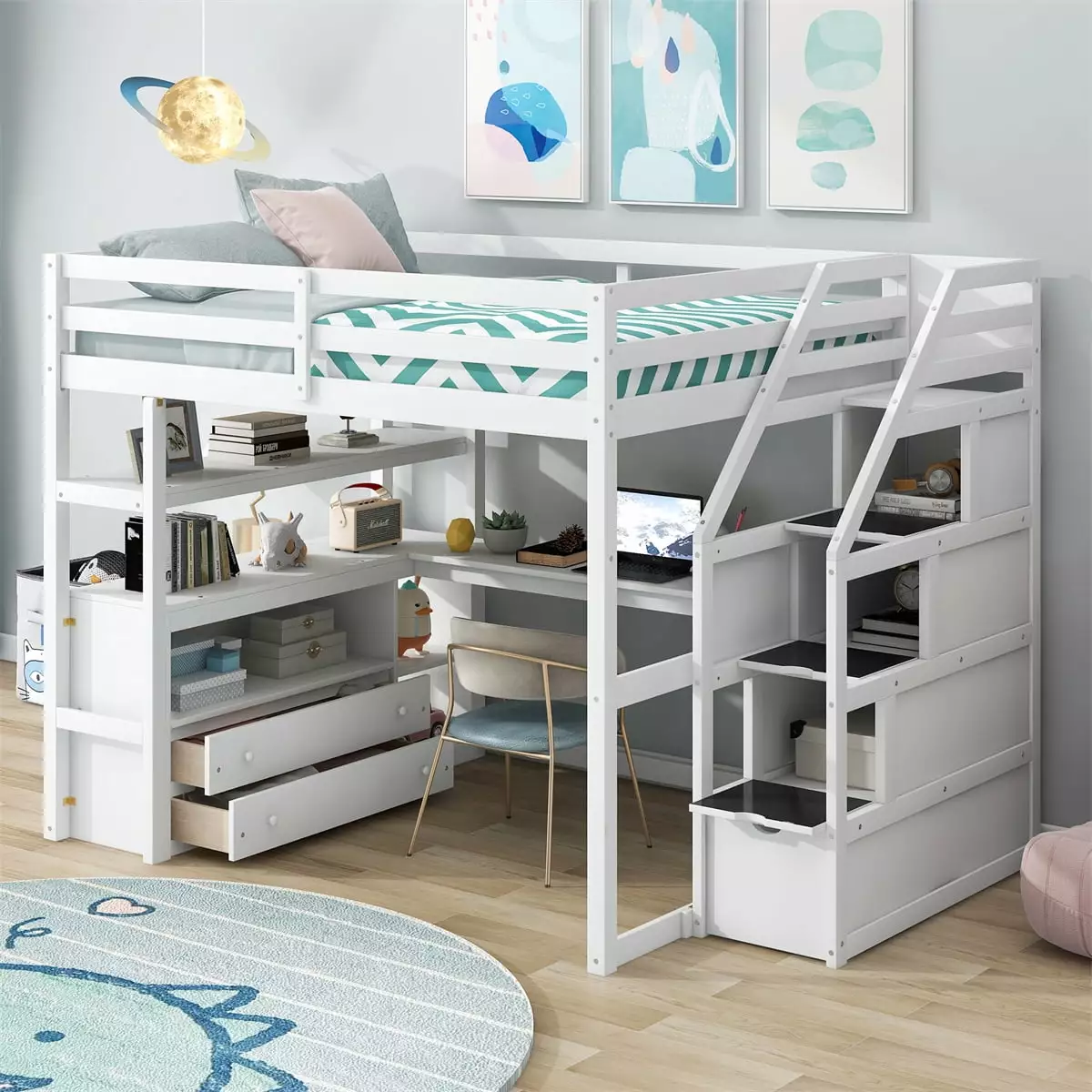 Wooden Loft Bed with Desk.Shelves and Two Built-in Drawers.Full Size Loft Bed Frame with Storage Staircase and Safety Guardrail.Solid Wood Bed Frame for Kids Teen Adults Bedroom.White