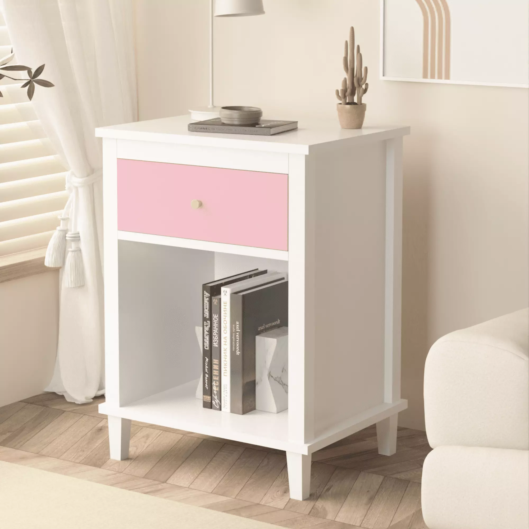 Wooden Nightstand with One Drawer One Shelf.Modern Bedside Tables for Kids.Adults.Pink