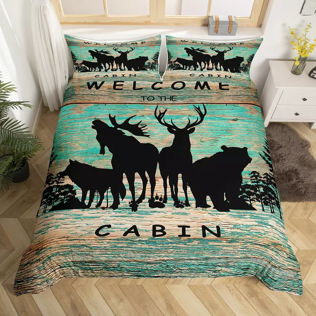 Woodland Animals Comforter Cover Lodge Cabin Duvet Cover Twin.Pine Trees Wildlife Bear Moose Elk Wolf Bedding Set Country Cottage Wood Plank Deer Silhouette Bed Set.Farmhouse Rustic Home Decor