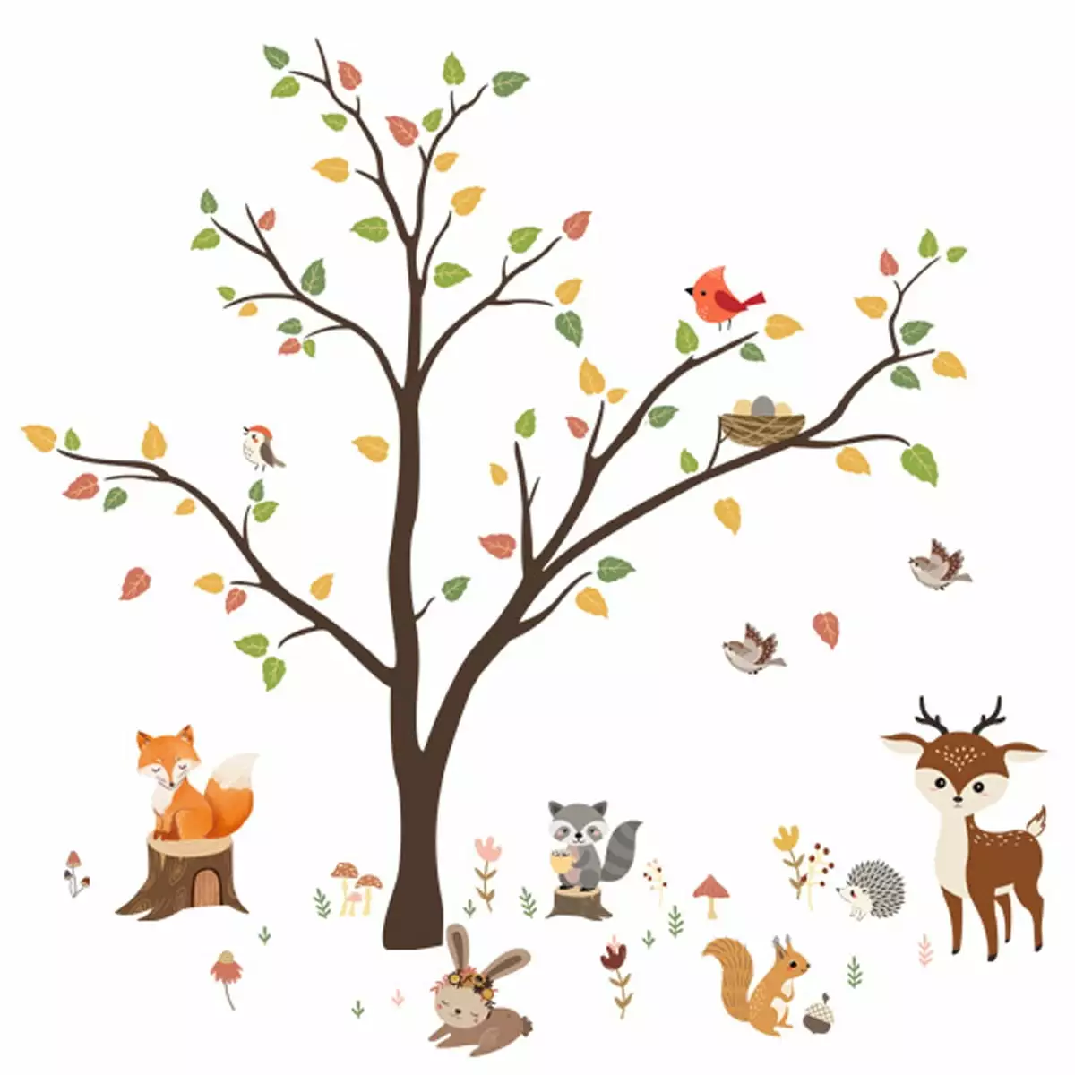 Woodland Wall Decals Animals Tree Owl Fox Deer Wall Stickers Kids Bedroom Baby Nursery Wall Decor