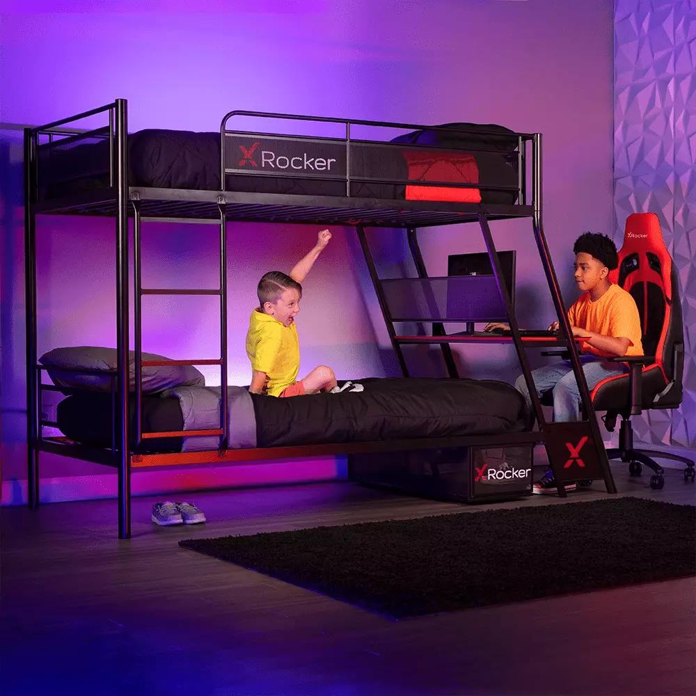 X Rocker Armada Twin Gaming Bunk Bed with Built-in Gaming Desk. Black. Twin/Twin. Children. Teen