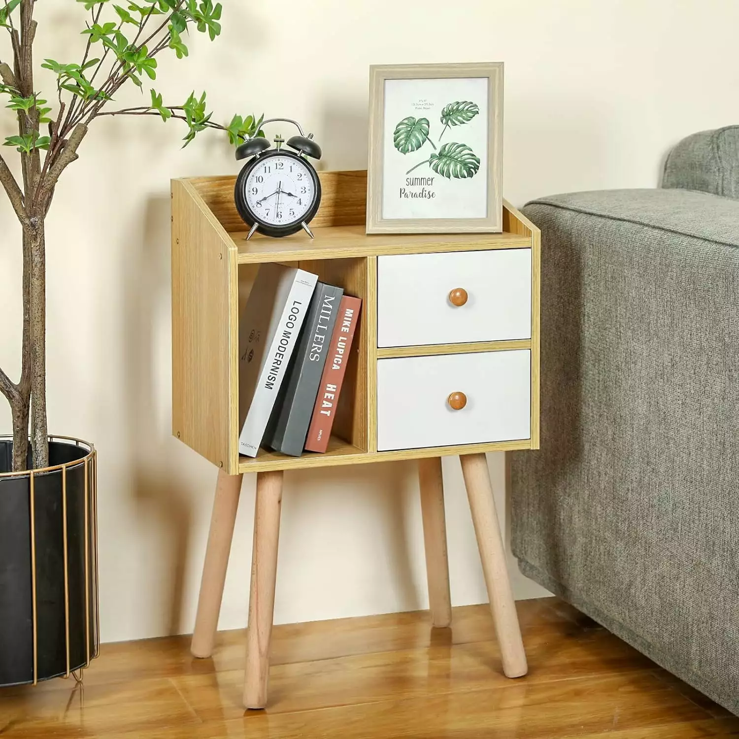 X-cosrack Mid Century Side Table Nightstand. Bedside Table with 2 Drawers. Modern Natural Wood End Table Side Table for Bedroom Living Room