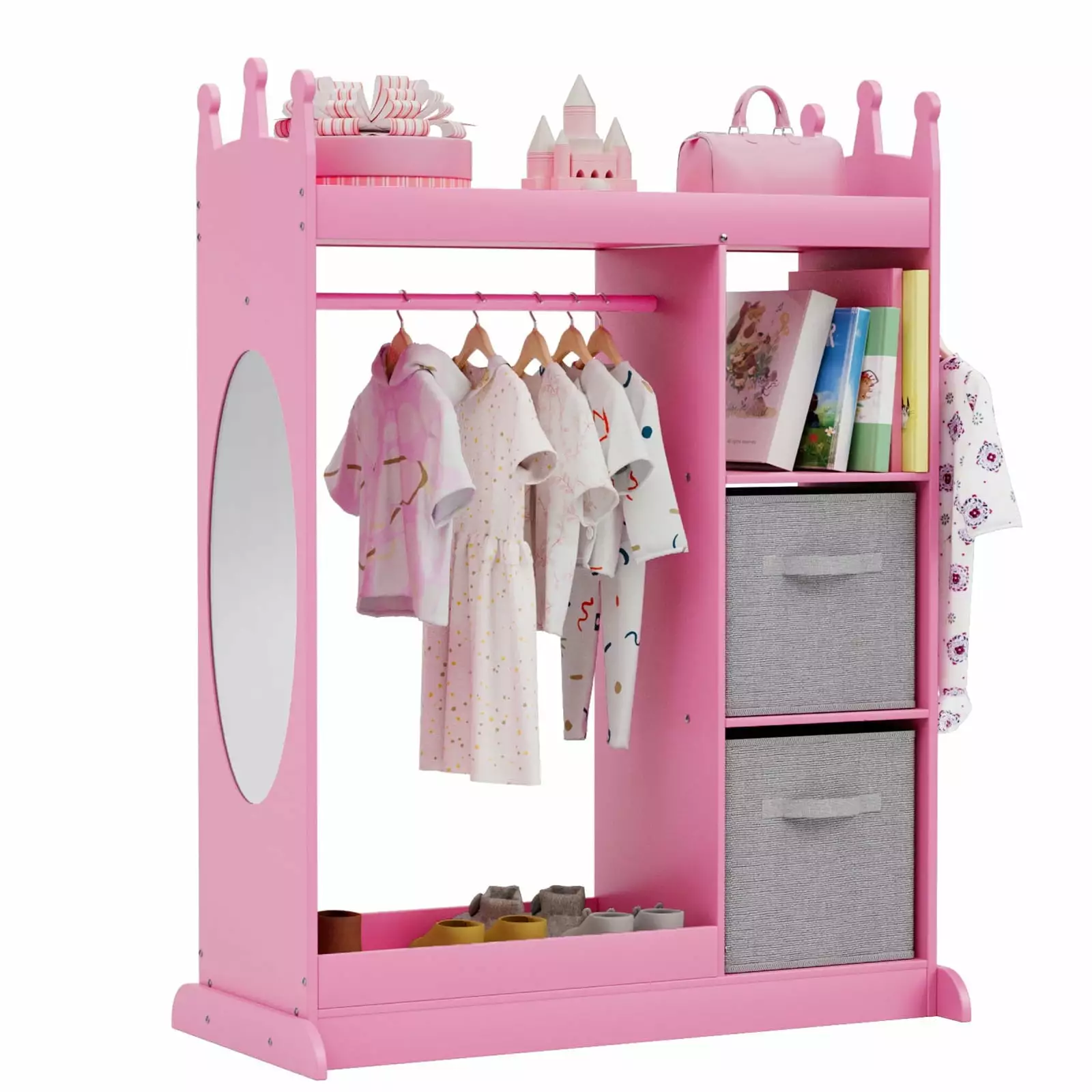 XJD Kids Play Armoire with Mirror. Storage Bins and Closet for Dress Up and Costumes (Pink)