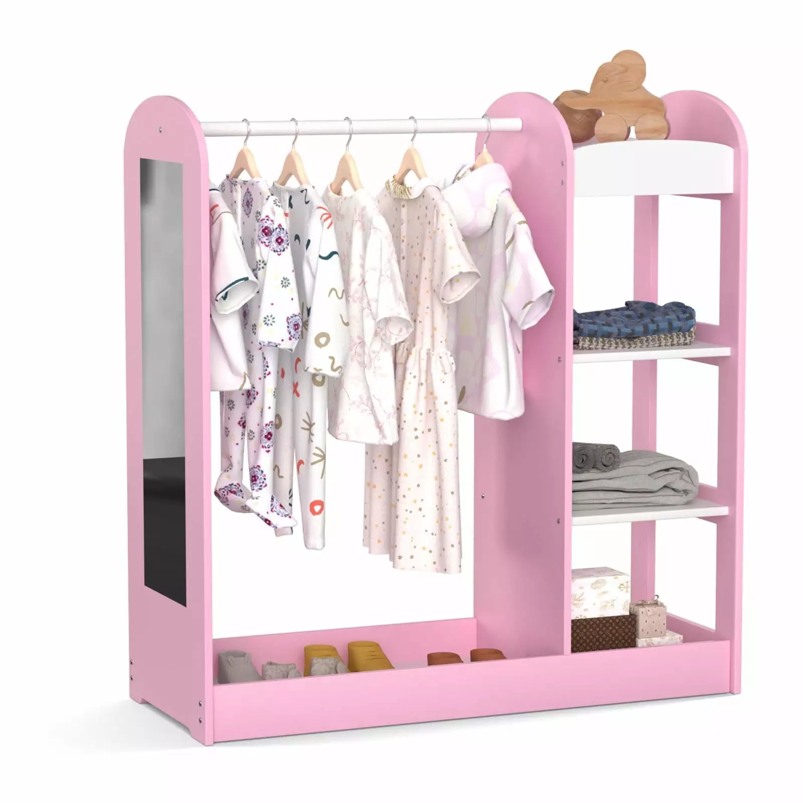 XJD Kids Dress Up Storage with Mirror and Drawers. Kids Clothing Rack Armoire Dresser Storage Bin.Open Hanging Armoire Closet for Little Girls (Pink)