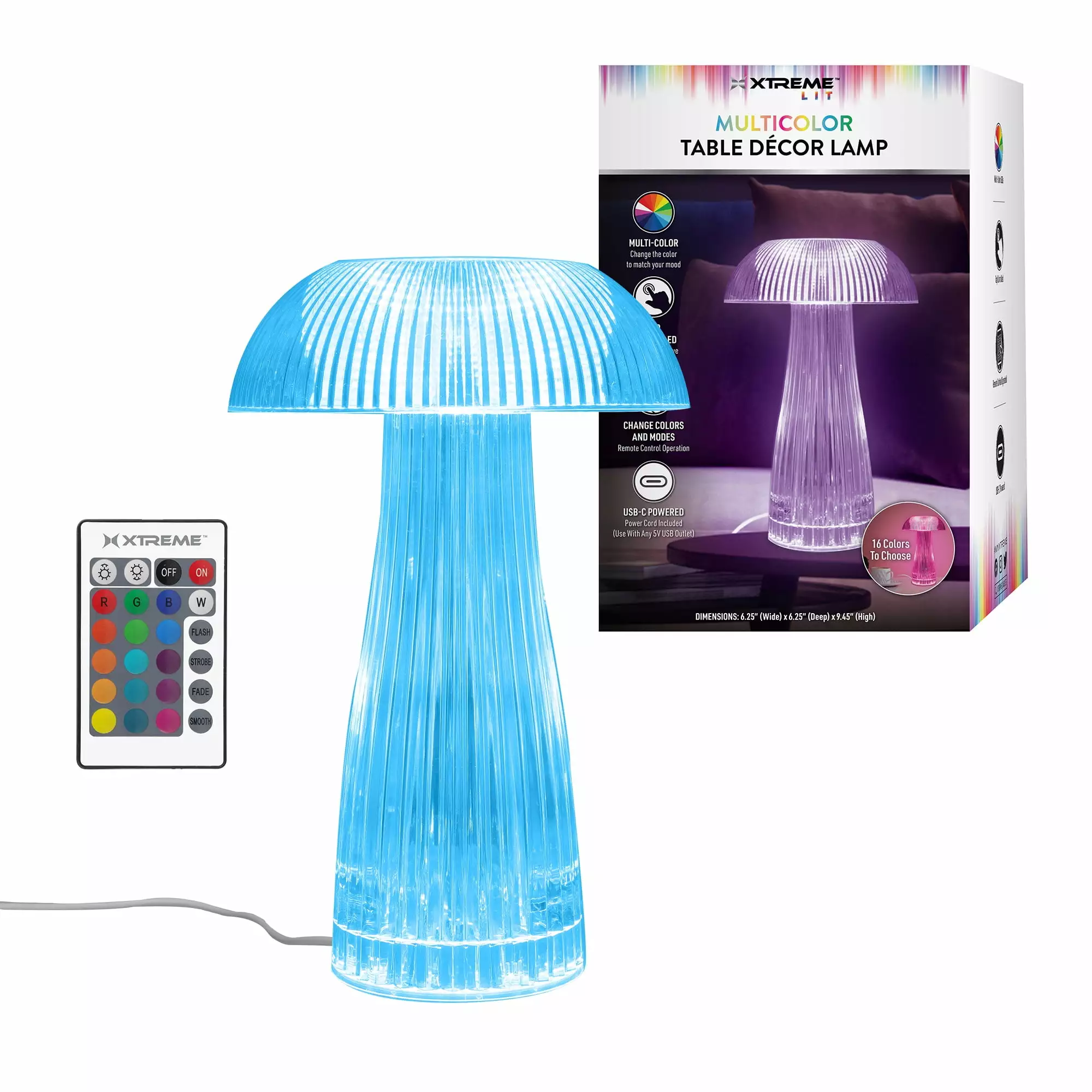 Xtreme Lit Neon Multi-Color Mushroom LED Tabletop Touch Lamp. with Remote. Crystal Finish