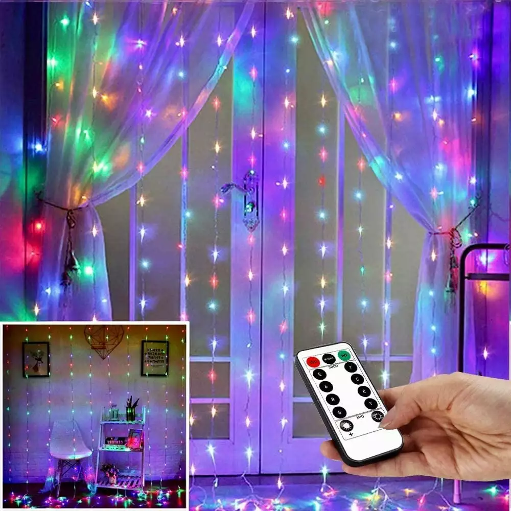 YEOLEH LED Curtain Lights Bedroom Light.8 Modes Christmas Fairy Light with Timer Remote for Valentine Wedding Bedroom Decor.Multicolor.7.9Ft x 5.9Ft