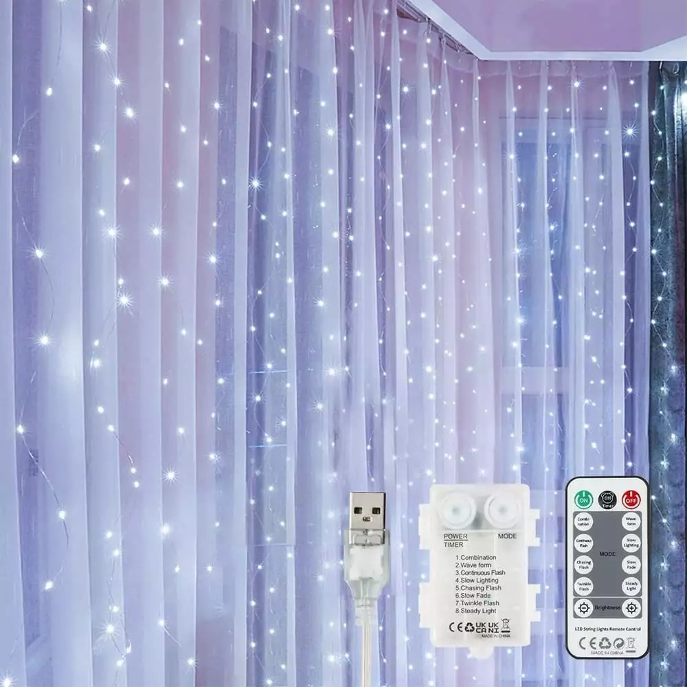 YEOLEH LED Fairy lights Curtain Lights Patio Light Battery Operated & USB Plug-in.8 Modes Bedroom Lights with Timer Remote for Outdoor Wedding Valentine Bedroom Decor.White.7.9x5.9Ft