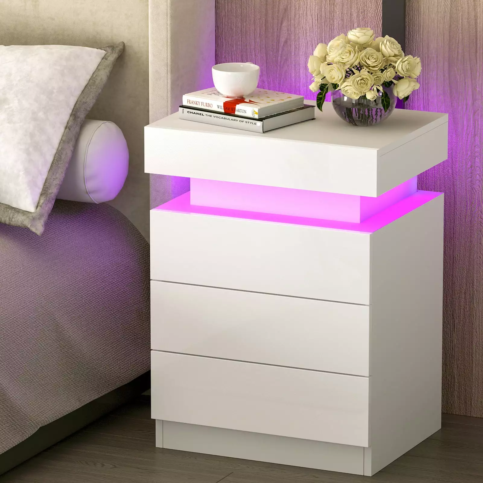 YILQQPER 3 Drawer Modern Nightstand with LED Light High Gloss Bedside Tables for Bedroom. White