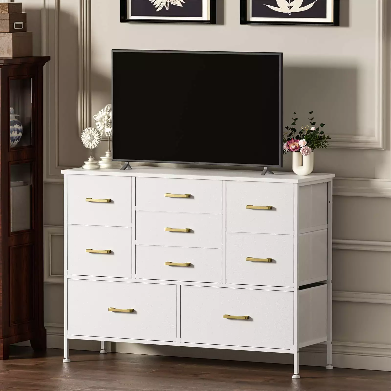 YILQQPER 9 Drawers Fabric Dresser White Media Dresser for Living Room Chest Storage Organizer with Sturdy Steel Frame Woodboard and Artificial Leather for Bedroom. Kids Bedroom