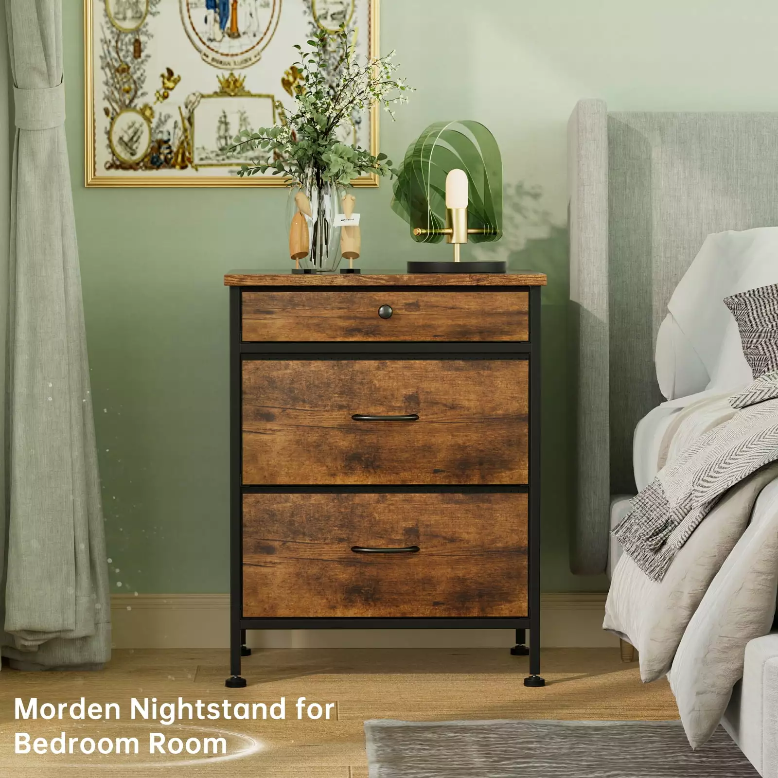 YILQQPER Nightstand with 3 Drawers. Small Dresser. End Table with 3 Fabric Drawers for Bedroom