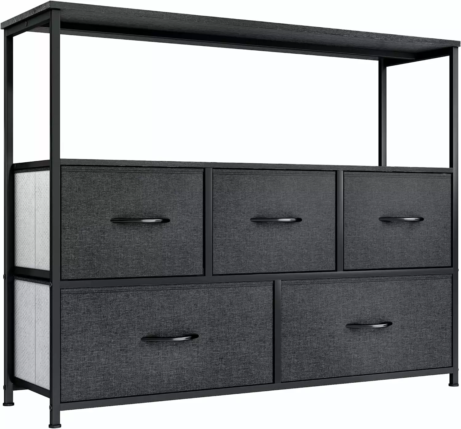 YINTATECH 5-Drawer Fabric Dresser with Shelves. Furniture Storage Tower Cabinet. Organizer for Bedroom. Living Room. Hallway. Closet. Sturdy Steel Frame. Wooden Top. Easy Pull Fabric Bins(Dark Grey)