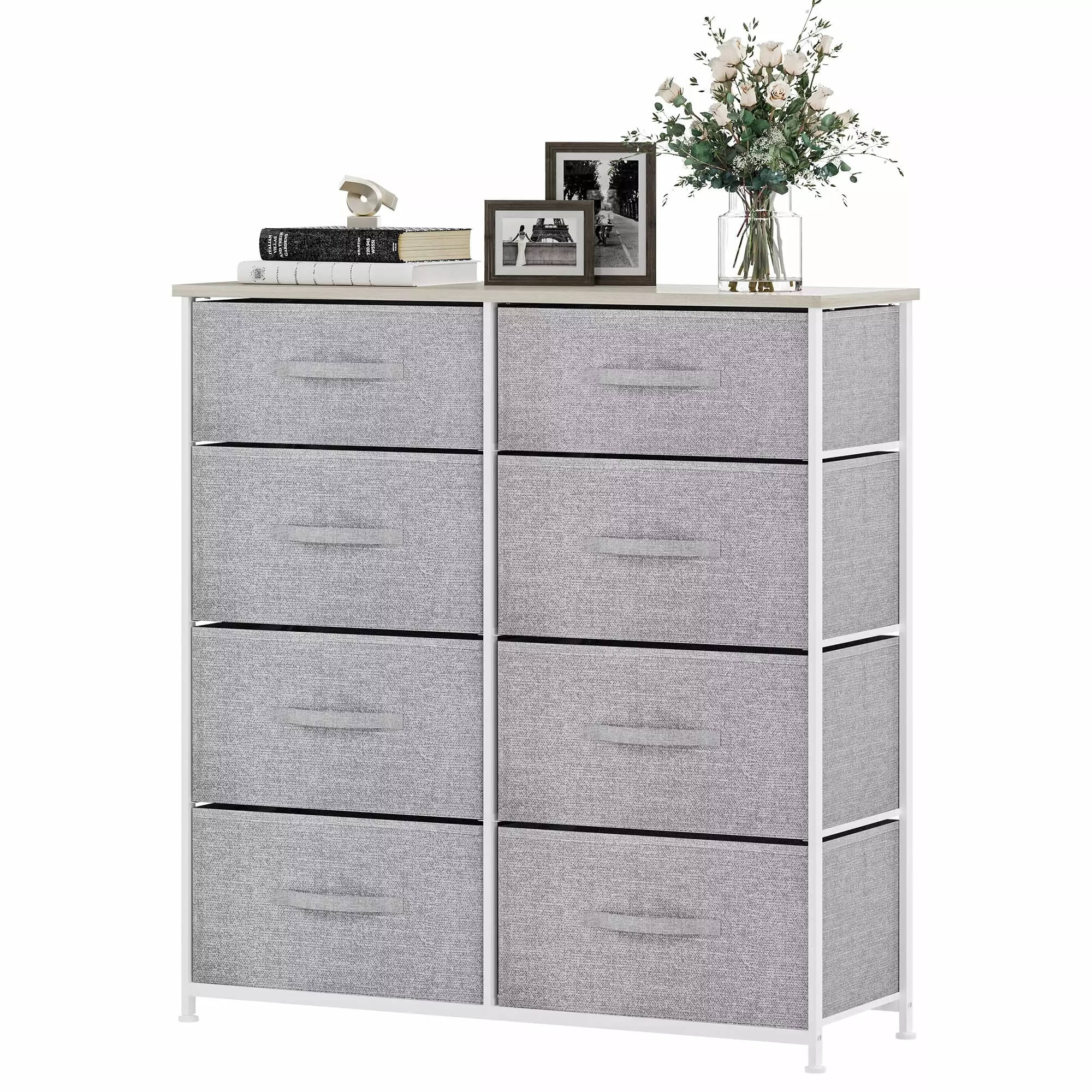 YINTATECH Fabric Dresser for Bedroom. Tall Dresser with 8 Drawers. Storage Tower with Fabric Bins. Chest of Drawers for Closet & Living Room - Sturdy Steel Frame. Wooden Top (Light Grey)