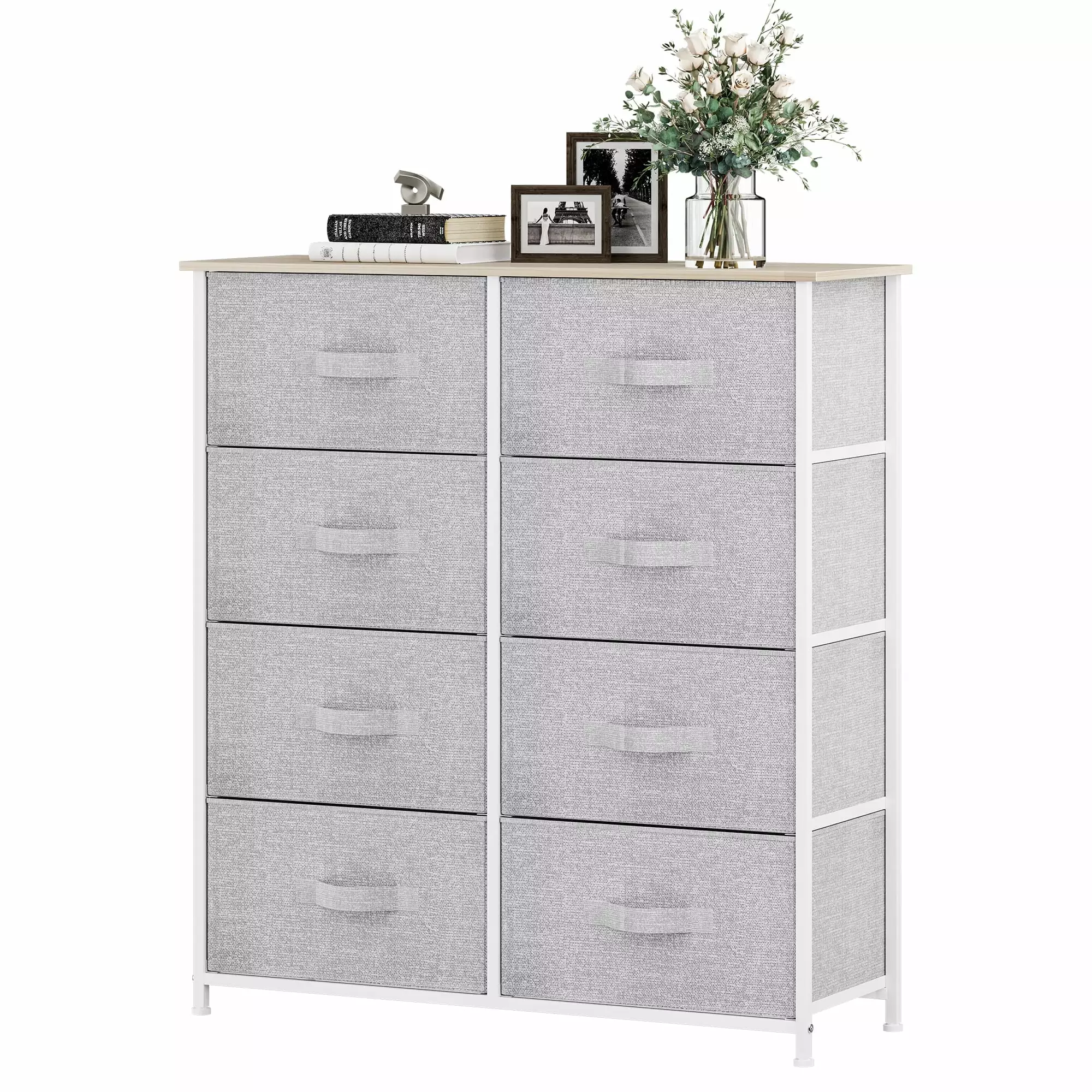 YINTATECH Vertical Dresser with 8 Fabric Drawers Bins for Bedroom. Organizer Storage Tower Cabinet with Shelf. Light Gray