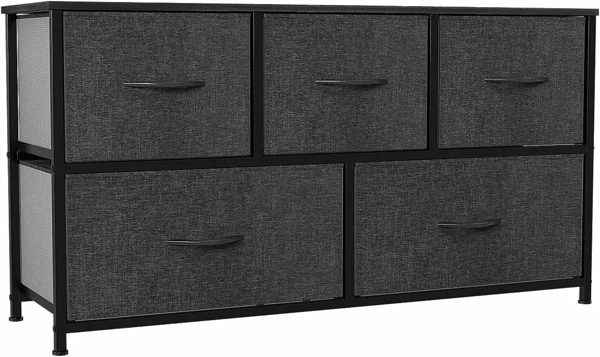 YINTATECH Wide Storage Tower with 5 Drawers - Fabric Dresser. Organizer Unit for Bedroom. Living Room. Closets & Nursery - Sturdy Steel Frame. Easy Pull Fabric Bins & Wooden Top (Black/Grey)