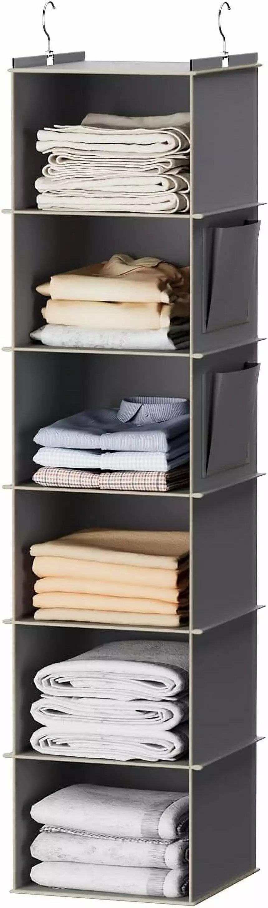 YOUDENOVA Hanging Closet Organizer. 6-Shelf Cloth Hanging Storage with Side Pockets.Grey