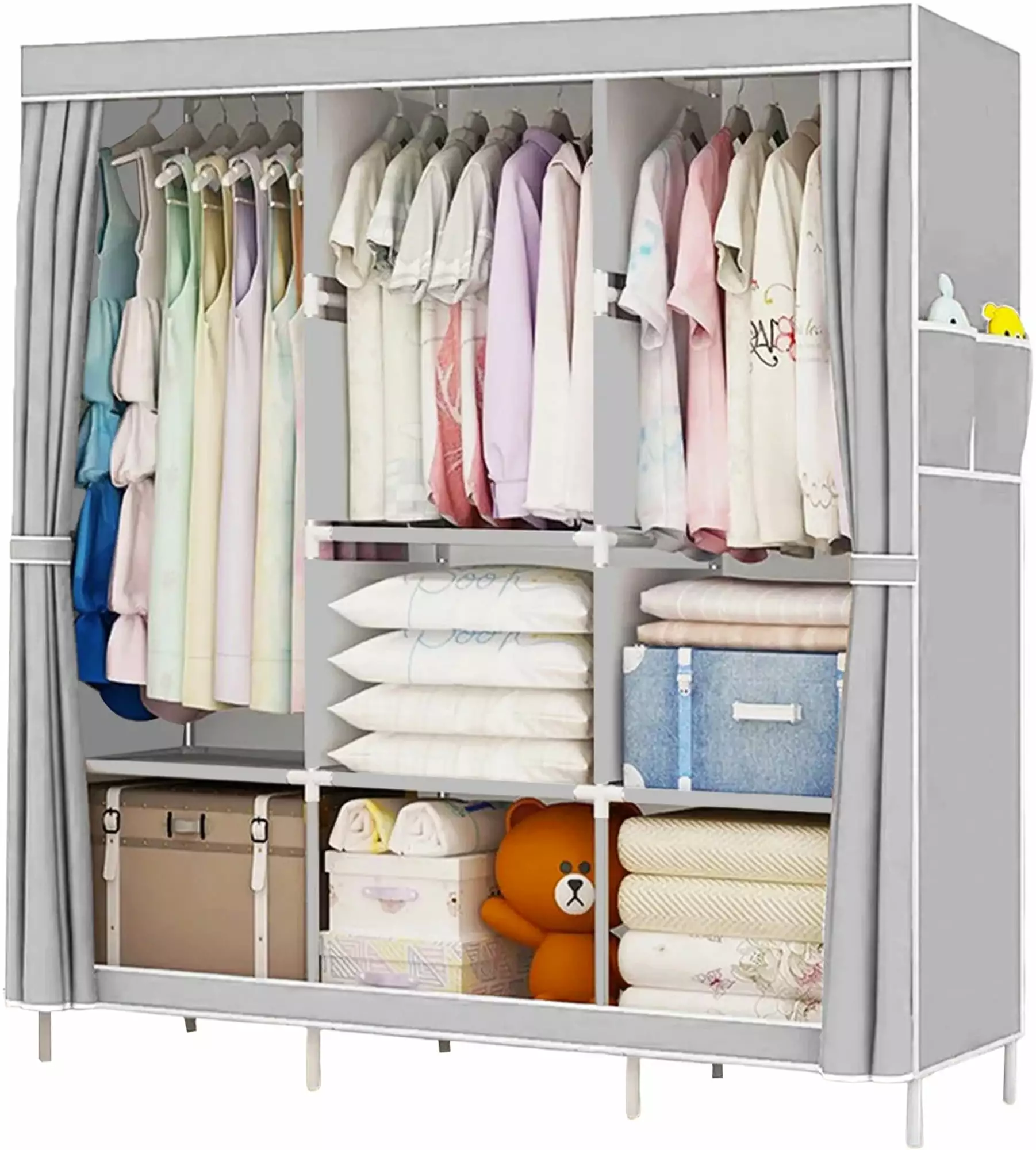 YOUPINS Clothes Organizer 3 Hanging Rod Shelf Portable Closet with Cover Clothes Rack Standing Closet Clothes Storage Wardrobe Garment Cabinet