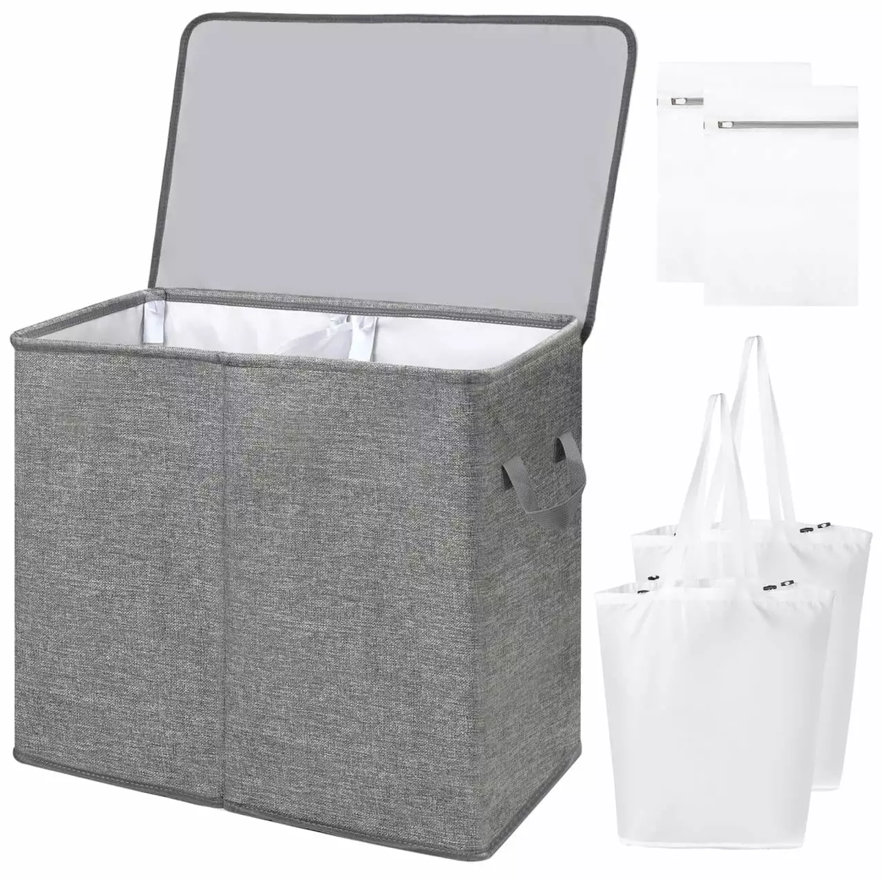 YOUPINS Double Laundry Hamper with Lid and Removable Laundry Bags. Large Collapsible 2 Dividers Dirty Clothes Basket with Handles for Bedroom. Laundry Room. Closet. Bathroom. College. Dark Gray