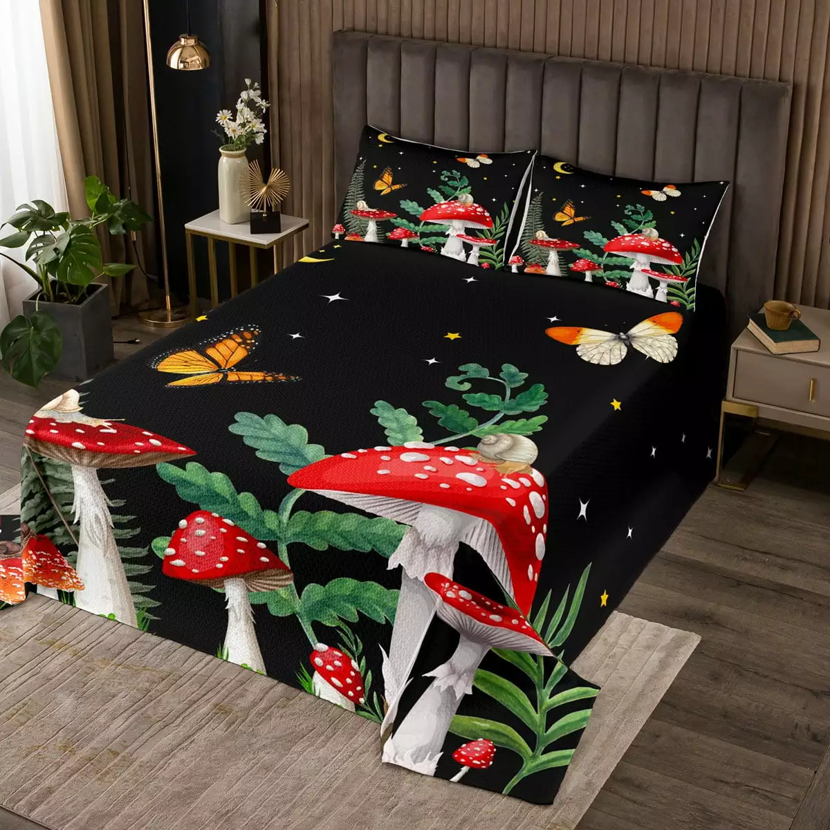 YST 2Pcs Mushroom Quilt Set. Black Coverlet Set Twin for Boys Girls Kids Bedspread Set. Boho Aesthetic Moon and Stars Butterfly Bedding Set Green Plant Botanical Mushroom Fungus Bed Set