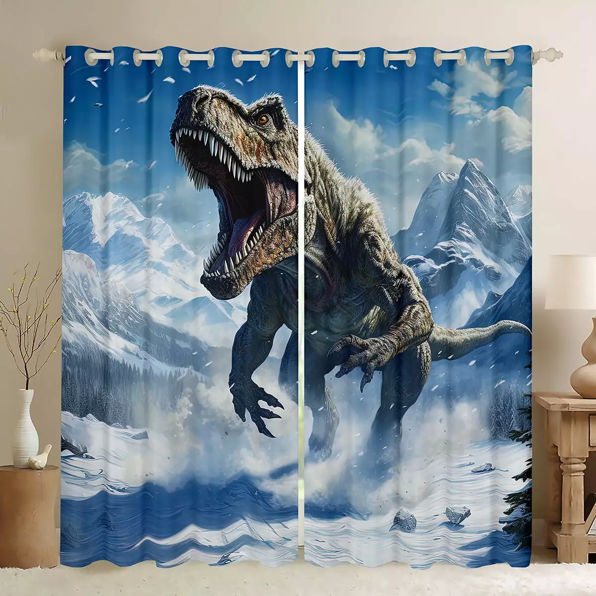 YST 3D Dinosaur Curtains Blackout for Girls Boys Kids.Cute Dino Curtains & Drapes Dinosaur Bedroom Decor.Safari Animal Curtains Snow Mountain Window Curtain 2 Panels 42Wx63L