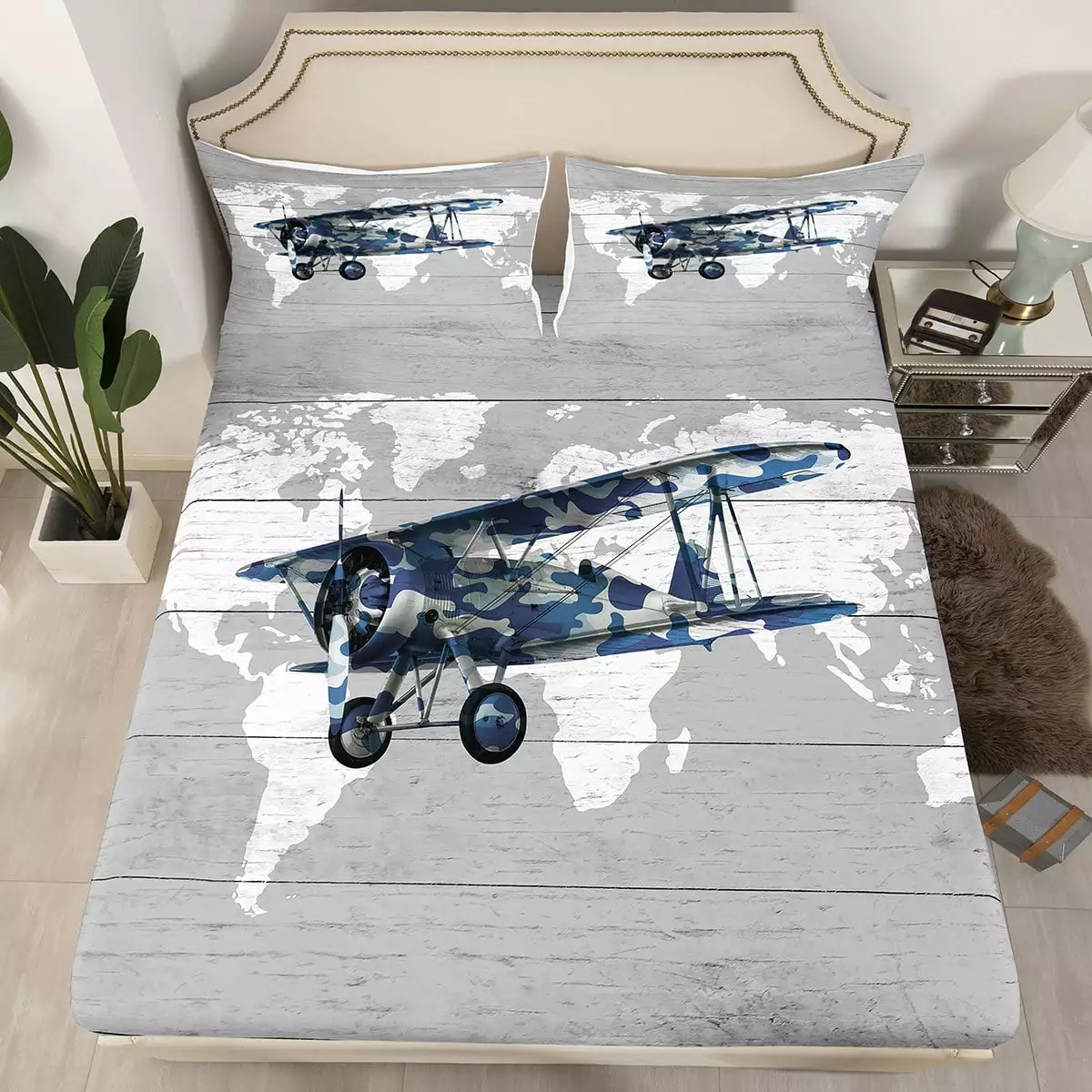 YST Aircraft Fitted Sheet Twin for Boys Girls Kids.Map Bedding Set Aviation Decor for Boys Room.Navy Blue Camo Airplane Bed Set Breathable Vintage Air Plane Bottom Sheets Only.2Pcs