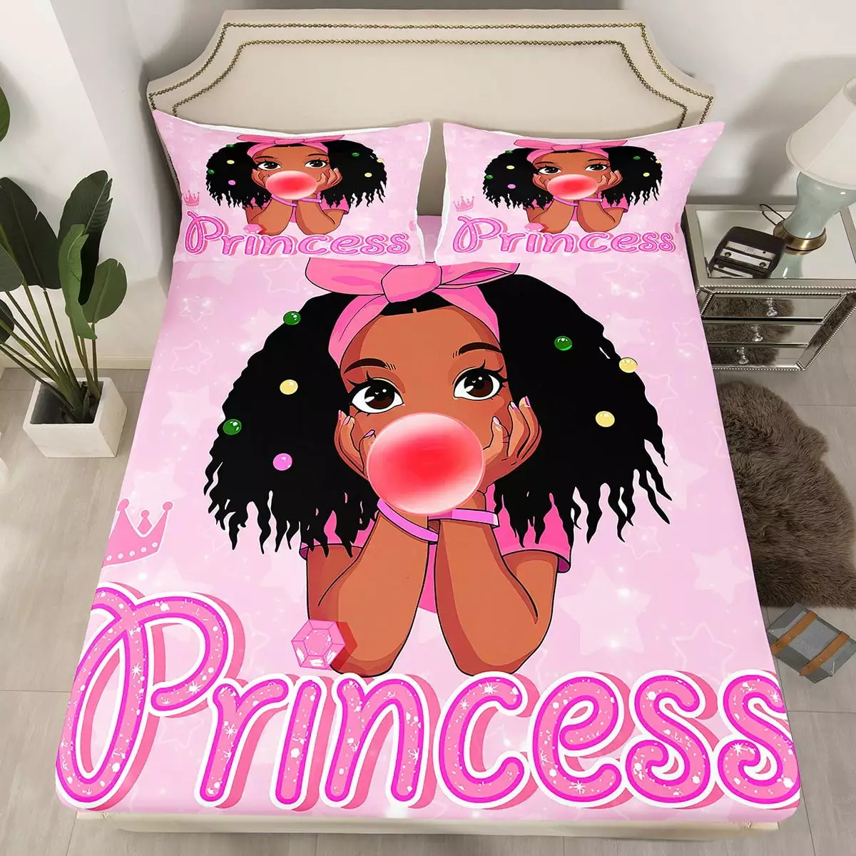 YST American African Black Girls Fitted Sheet Deep Pocket Twin Hot Pink Princess Bedding Sheets For Girls Cute Glitter Bed Sheets.Soft Breathable Sheets 1 Pillow Case