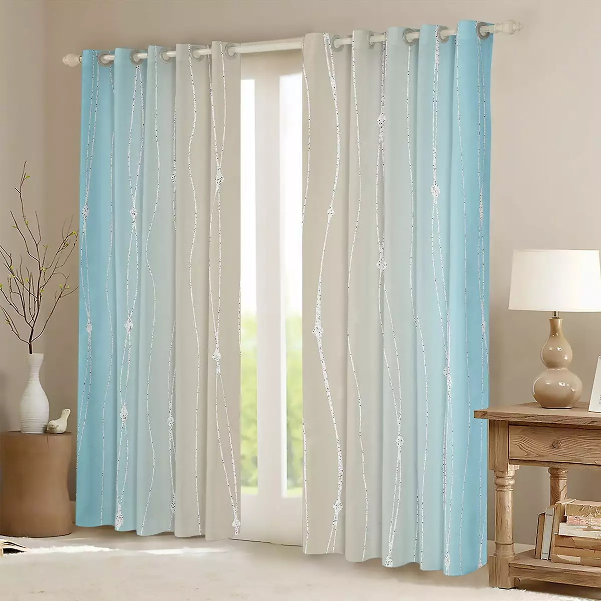 YST Aqua and Beige Gradient Curtains & Drapes Watercolor Ombre Curtains. Abstract Aesthetic Blackout Curtains Wave Line and Dots Living Room Curtains. Geometric Window Curtains Bedroom Decor