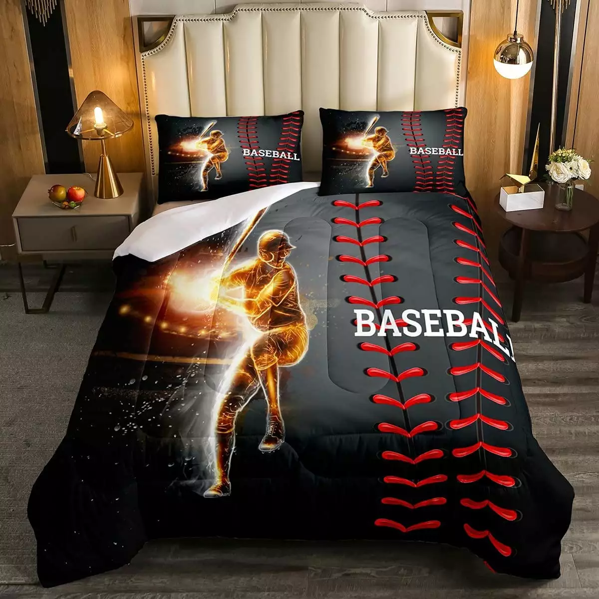 YST Baseball Bedding Set. Golden Athlete Comforter Set Full Size. Sports Games Down Comforter for Kids Boys Girls Bedroom. Glitter Outer Space Duvet Insert for Living Room