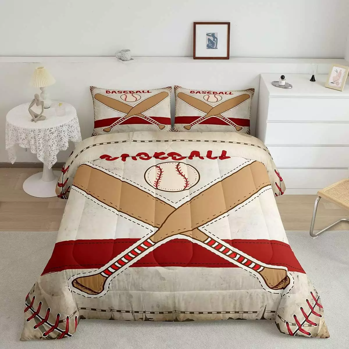 YST Baseball Comforter Set for Kids Boys Girls.Vintage Ball Game Bedding Set Full Size.Baseball Bat Duvet Insert Lightweight.Red Yellow Sports Game Quilt Comforter with 2 Pillow Cases