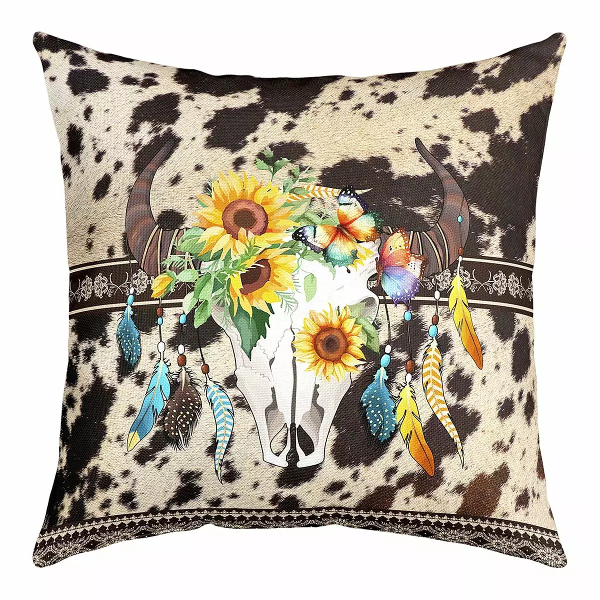 YST Black Cowhide Western Cushion Cover 18x18 inch.Sugar Skull Throw Pillow Cover Boho Sunflower Watercolor Feather Square Pillow Case.Flowers Butterfly Accent Pillow Case Bull Cattle Cow Print