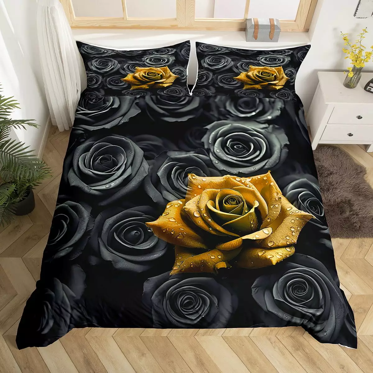 YST Black and Gold Rose Twin Duvet Cover Romantic Floral Bedding Set.3D Roses Comforter Cover for Women Girls Bedroom.Wedding Valentines Day Decorations Blossom Flower Bed Set 2Pcs