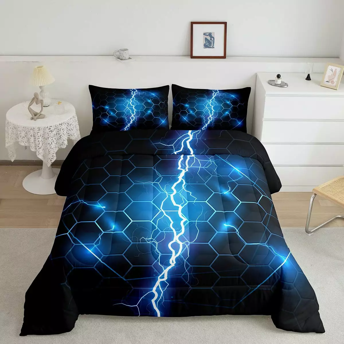 YST Blue and Black Twin Comforter Set Geometric Neon Honeycomb Bedding Set.Lightning Gaming Bedding Sets for Boys Girls Kids Gamer Room Decor Hexagon Lights Beehive Quilt Duvet Set 2Pcs