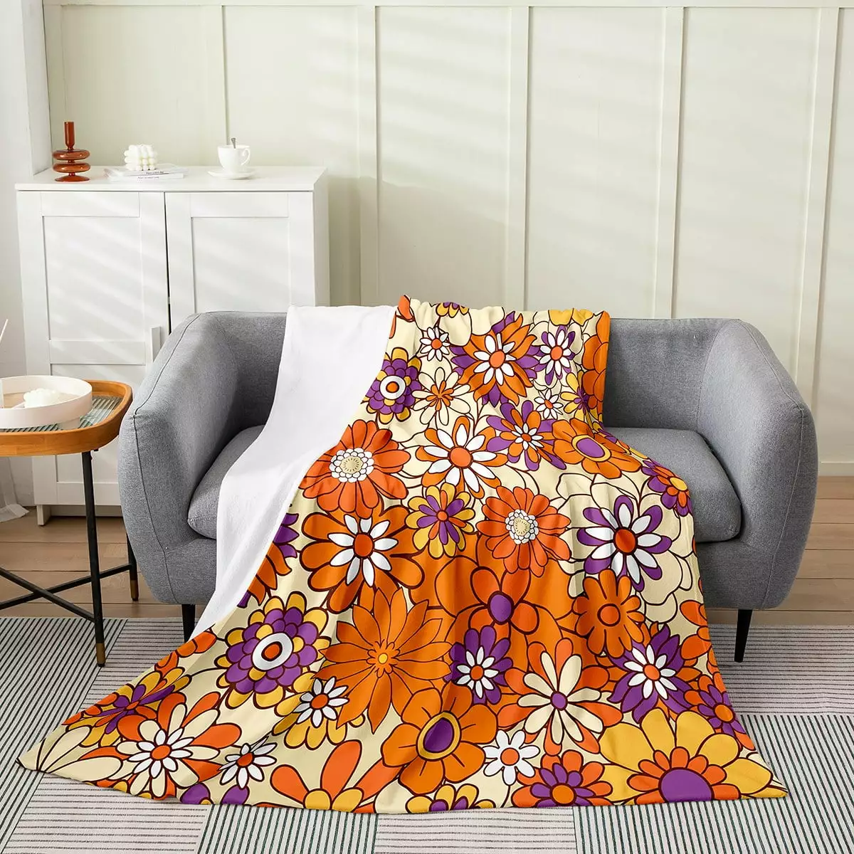 YST Boho Floral Throw 50x60 Throw Blanket.Cute Botanical Blanket For Kids Adults.Cartoon Purple Orange Yellow Flowers Fleece Blanket.Spring Natural Garden Bed Blanket.Warm All Season