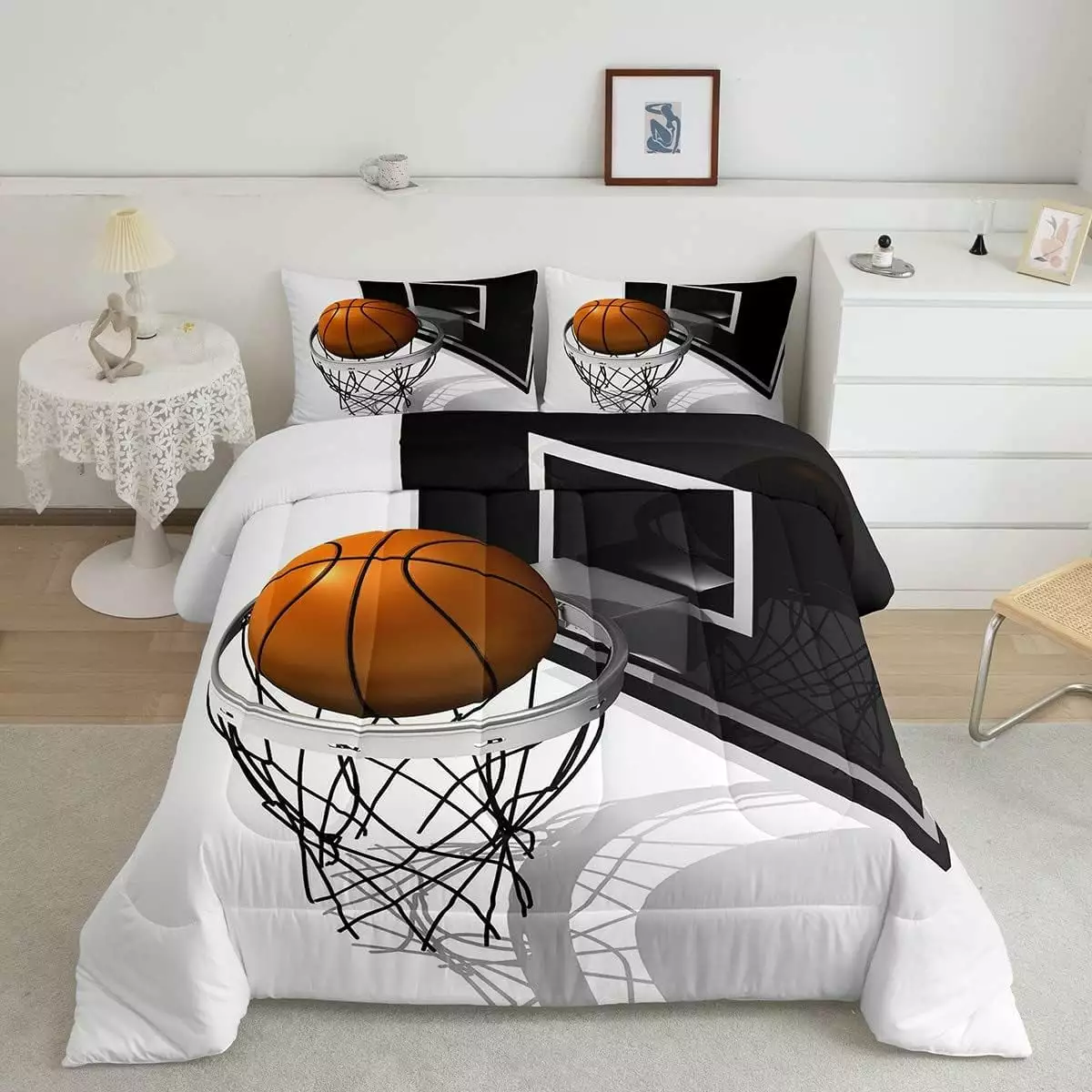 YST Boys 3D Basketball Bedding Comforter Sets Kids Teens Basketball Gaming Bedding Set Twin Black White Basketball Court Duvet Insert Sport Quilted Comforter 2pcs Microfiber Breathable Bedding