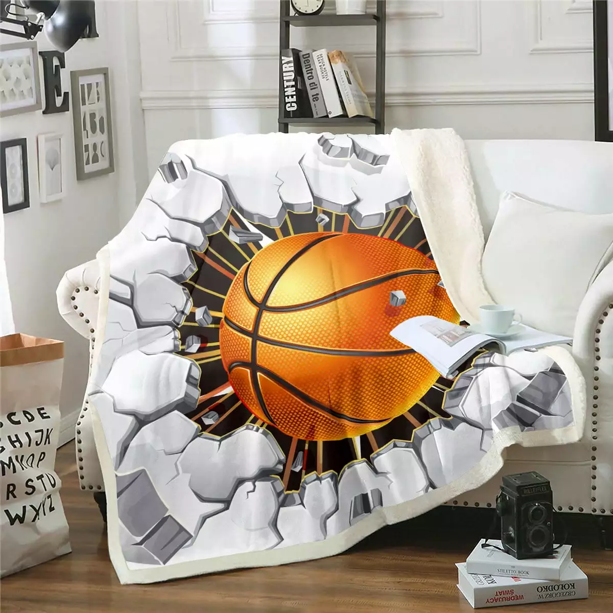 YST Boys Basketball Blanket for Kids Teen Sports Throw Blanket for Bed. Ball Game Fleece Blanket White Grey Orange Sherpa Blanket. Abstract Block Fuzzy Blanket