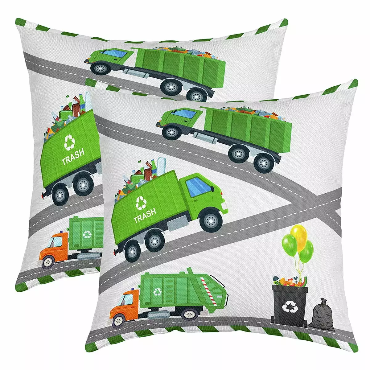 YST Boys Green Garbage Truck Throw Pillow Covers Cartoon Trash Truck Pillow Covers 18x18 inch set of 2.Green Vehicle Car Cushion Cases Garbage Truck Toy Cushion Covers for Sofa Couch Chair